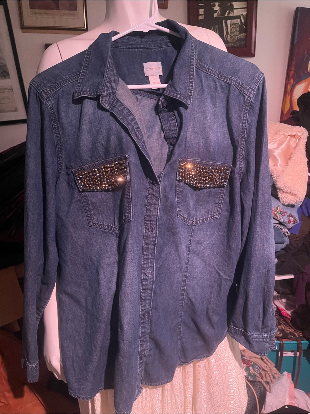 Chico's Dark Blue Denim Button-Front Shirt with Embellished Pockets